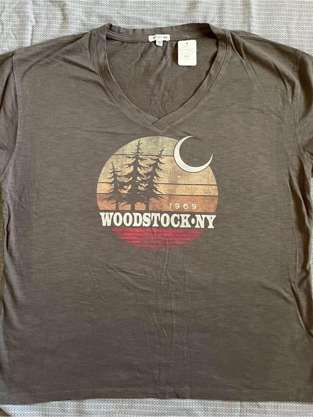 Woodstock NY V-Neck Graphic Tee - Gray